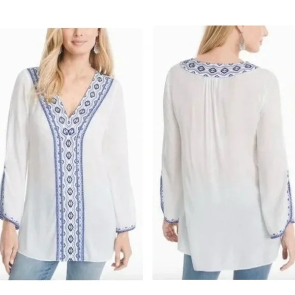 4/$25 WHBM Women Tunic‎ Shirt sz 6 White Blue Embroidery Argyle Fair Isle Casual - Picture 4 of 15